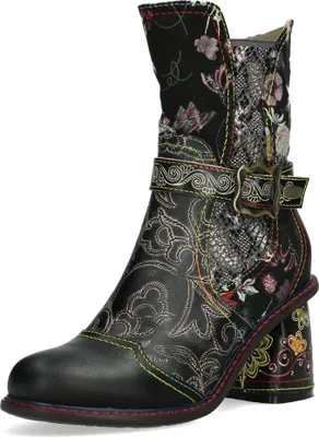 Produktbild von Laura Vita Damen Stiefelette Leder florales Muster Animalprint Schnalle Evcao 82, Größe:38 EU, Farbe:Schwarz