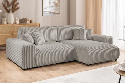 Produktbild von Mollis - Ecksofa mit Schlaffunktion und Bettkasten aus Hellgrau Plüschcord mit schöner Sitzkomfort