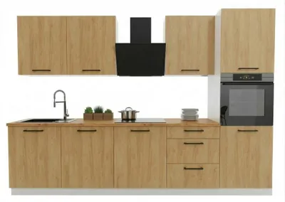 Produktbild von Küchenzeile 300 cm - mit brauner Arbeitsplatte - Hicora-Eiche - mit Hängeschränke und Unterschränke - Soft-Close-Funktion - Küchenblock - BONO