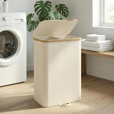 Produktbild von SONGMICS Wäschekorb mit Deckel, Wäschesammler, Wäschesortierer, Wäschesack herausnehmbar, 2 Fächer, 150 Liter, creme