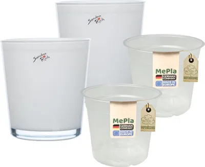 Produktbild von MePla - 2 Stück - Sandra Rich Glas-Orchideenkübel ø 12,5 Weiss + Pflanztopf Orchidee ø 12
