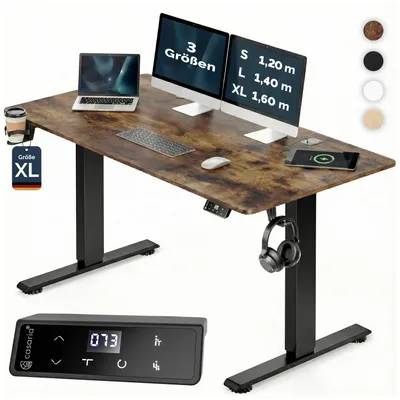 Image de CASARIA® Bureau électrique réglable en hauteur marron 160 x 70 cm écran LCD 72 - 117 cm bureau assis debout structure résistante ajustable porte gobelet chargeur sans fil