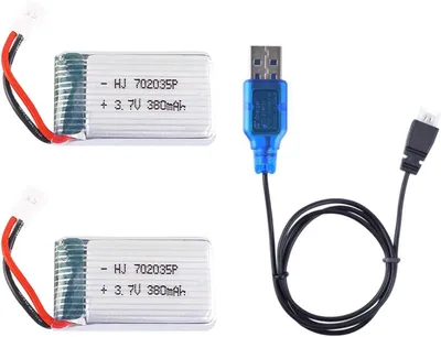 Obrázok produktu pre 2x LiPo batéria 3,7 V 380 mAh s nabíjacím káblom USB - Kompatibilná s Hubsan X4 H107C H107D H107L, Syma X11 X11C, HS170 - Pre RC kvadrokoptéry, vrtuľníky