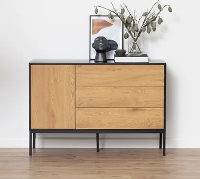 Image de Smuk Armoire Buffet 1 porte & 3 tiroirs Chelsea Chêne - Noir