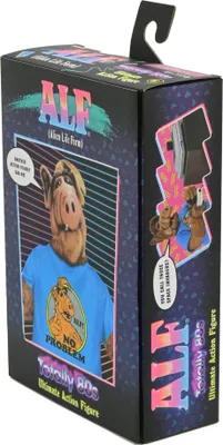 The image shows the packaging for an ALF action figure, featuring the character and 80s-themed graphics.