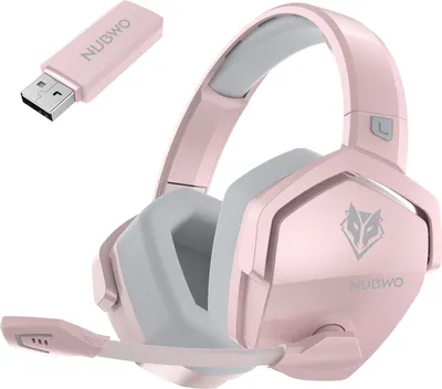 A pink gaming headset and its wireless USB dongle are shown against a white background.