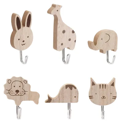 Produktbild von Kindergarderoben-Haken - 6 Stück Set mit Tiermotiven - Wandmontage für Kinderzimmer - Bunt aus Holz