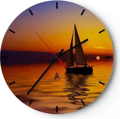 Produktbild von Wanduhr - Rund - Glasuhr - Boot Sonnenuntergang Landschaft - 40x40cm - Schleichendes Uhrwerk - Lautlos - zum Aufhängen bereit - Dekoration Modern - Wanddekoration aus Glas - C3AR40x40-0106