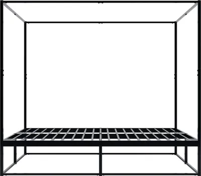 A black metal canopy bed frame with a slatted mattress support.