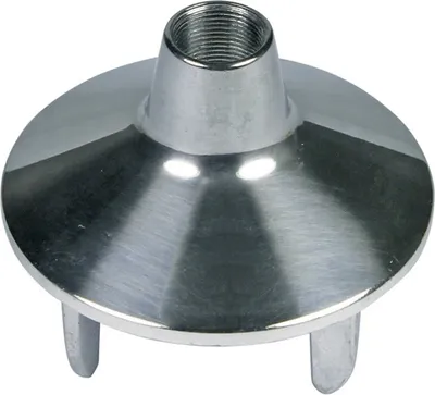 A polished metal accessory with a threaded opening and a wide, conical base with three prongs extending downwards.