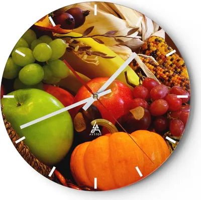 Produktbild von Wanduhr - Rund - Glasuhr - Weidenkorb Obst Gemüse - 30x30cm - Schleichendes Uhrwerk - Lautlos - zum Aufhängen bereit - Dekoration Modern - Wanddekoration aus Glas - C3AR30x30-0406