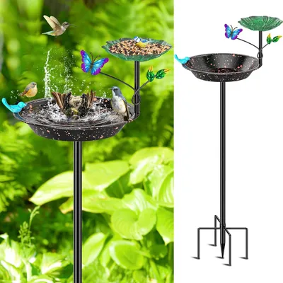 Produktbild von Freistehende Vogeltränke für den Außenbereich aus Metall mit Vogelfutterschale, Ständer mit 5-zinkigem Fuß, Wasserschale und Futterstelle für Wildvögel im Garten, schwarz