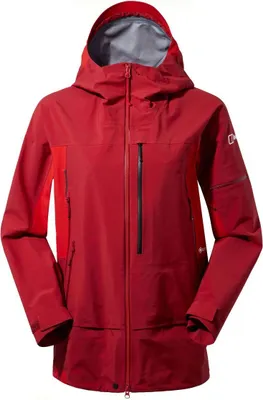 Rote Hardshelljacke für Damen von Berghaus; Modell Mtn Arete Descend Gtx; mit Kapuze und Reißverschlusstaschen.