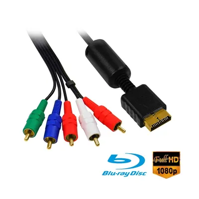 A composite AV cable with a proprietary connector on one end and RCA connectors on the other, along with Blu-ray Disc and Full HD 1080p logos.