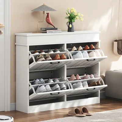 Produktbild von Modern Schuhschrank Schuhregal,Aufbewahrungsschrank im Eingangsbereich 4 Kipptüren mit 8 Fächern mit Schwarzer Griff MDF Weiß 105x24x83cm