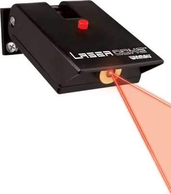 A black laser oche device with a red button and a red laser beam emitting from it.