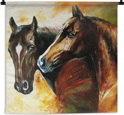 Produktbild von MuchoWow® Wandteppich Wandbehang Malerei - Pferde - Tiere - Ölgemälde 120x120 cm Tapisserie Dekoration Wandtuch - Modern - Baumwollgewebe