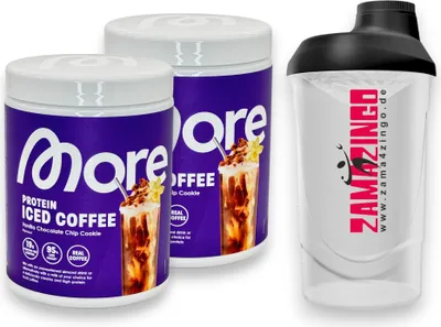 Produktbild von More Protein Iced Coffee Vanilla Chocolate Chip Cookie 2x 300g + Gratis Zama4zingo Shaker 600ml