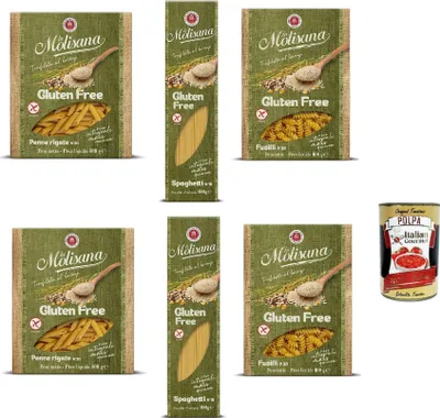 Produktbild von La Molisana Senza glutine test set, Fusilli - Spaghetti - Penne rigate, Gluten frei Pasta mit voller Reis, Mais und Quinoa, gluten free, 6x 400 g + Italian Gourmet polpa 400g