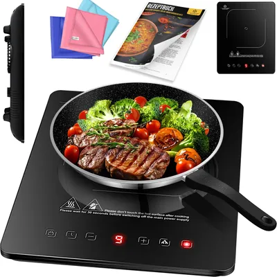 Immagine prodotto di KESSER® Piano cottura a induzione Piano cottura a induzione portatile da 28 cm + 3x panno in microfibra + 1x ricettario, livelli di riscaldamento, timer orario, touch control, funzione booster 220-240V