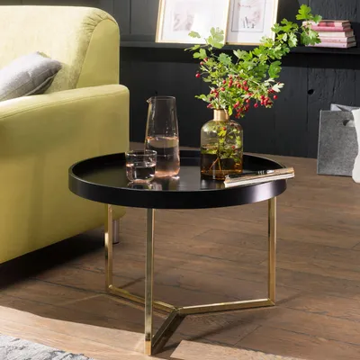 Zdjęcie produktu dla Stolik kawowy FineBuy, 58,5 x 42 x 58,5 cm, stolik do sofy, metalowy, okrągły, designerski, w stylu retro, nowoczesny stolik do salonu, mały stolik do wypoczynku, kolor czarny/złoty