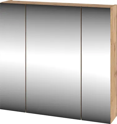 Produktbild von Badezimmer Spiegelschrank mit 80 cm Breite in Eiche, 3-türig mit Steckdose & Schalter - CALURI-140
