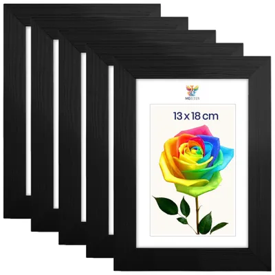Obrázok produktu pre MG Design, súprava 5 kusov čiernych rámov na fotografie, 13x18 cm - rámy z prírodného dreva s akrylovým sklom, vhodné na zavesenie aj na postavenie (vertikálne aj horizontálne)