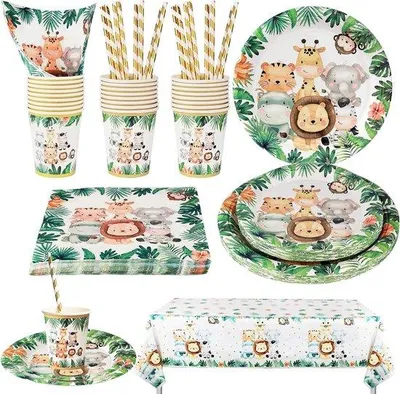 Zdjęcie produktu dla Zestaw termiczny „Jungle” dla 20 osób – 101 sztuk – papierowe talerze, kubki, łyżki, serwetki
