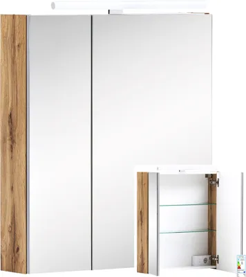 Produktbild von Spiegelschrank 60cm in Eiche-Landhaus DABO-04 mit LED-Beleuchtung, B/H/T: 60/71-75/16 cm