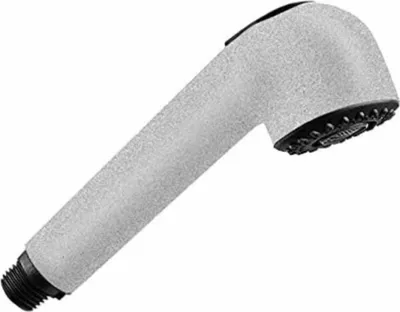A silver and black shower head on a white background.