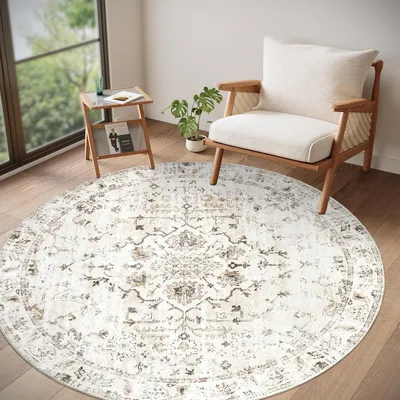Productafbeelding van Vloerkleed rond 160 cm, beige, wasbaar antislip, voor woonkamer