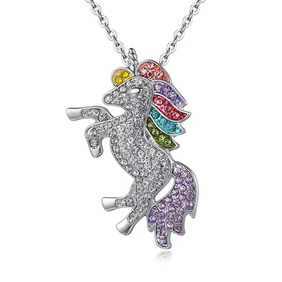 Produktbild von Einhorn Halskette für Mädchen – funkelnder Anhänger mit bunten Strasssteinen, silberfarbene Schmuckkette, Geschenkidee für Kinder, J0245 Halskette