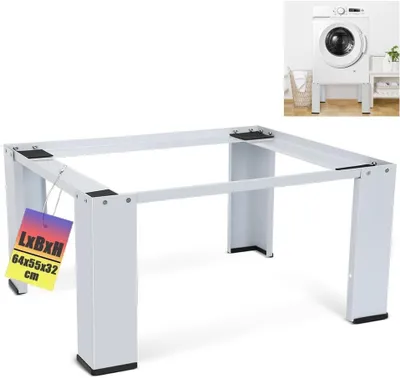 A white metal stand for a washing machine or dryer, shown in isolation and with a small inset image of a washing machine on a similar stand.