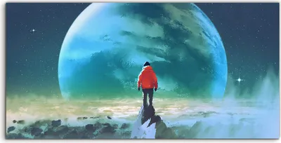 Produktbild von Coloray Acrylbild 140x70  Wandbild Acrylbilder Mann auf dem Berg und anderer Planet