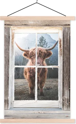 Produktbild von MuchoWow® Textilposter Schottisches Hochlandrind - Kuh - Ansicht 60x90 cm mit holzfarbenen Rahmen - Textil