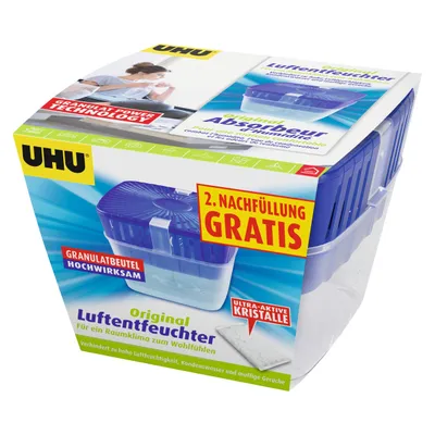 The image shows the packaging of a UHU air dehumidifier product, featuring a graphic of the product and promotional text.