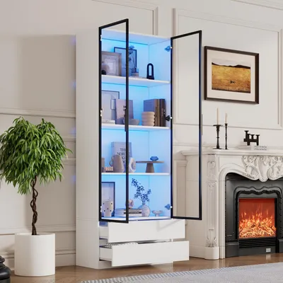 Produktbild von MODFU Vitrinenschränke Vitrine Beistellschrank mit LED-Leuchten,Hochschrank mit 2 Türen,Bücherregal mit 2 Schubladen,mit Aluminiumrahmen,Weiß
