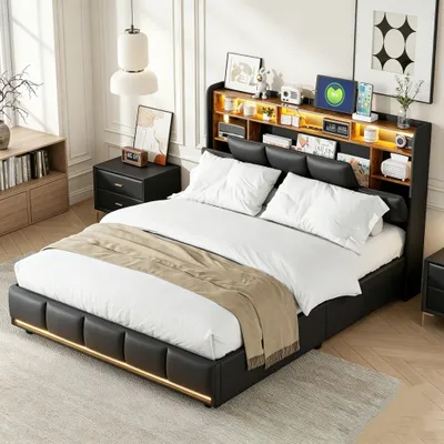 Productafbeelding van INONEFT Boxspringbed 140 x 190 cm met LED-verlichting, hydraulisch bed met opbergruimte, gestoffeerd bed met opbergruimte in het hoofdeinde en een lattenbodem, PU