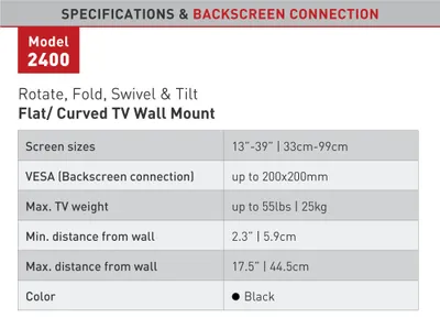 Produktbild von Barkan Mounting Systems WH 2400, 48,3 cm (19"), 99,1 cm (39"), 75 x 75 mm, 200 x 200 mm, 0 - 15°, Schwarz