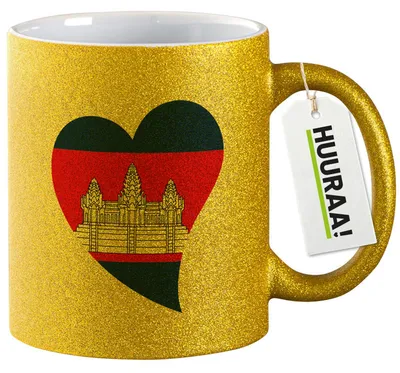 Produktbild von Huuraa Glitzertasse Kambodscha Flagge Herz 330ml Gold Keramik Kaffeebecher Geschenkidee