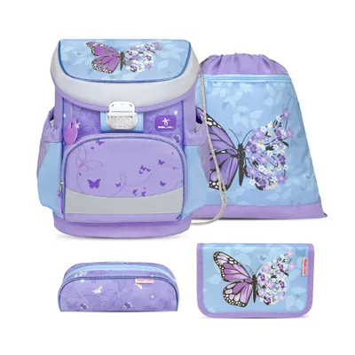 Belmil Mini-Fit ergonomisches Schulranzen-Set 4-teilig "Purple Blue Butterfly" mit Brustgurt