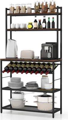 Produktbild von GOPLUS Küchenregal mit Weinhalter 10 Flaschen, Standregal mit Ablagen & Gitterplatten, Weinregal im Industriestil, Bäckerregal 90x35x165cm bis 125kg