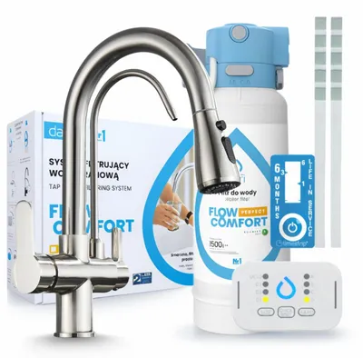 Produktbild von Ari 3-Wege-Küchenarmatur Nordic, Edelstahl, Ausziehbare Spültischarmatur Im Set Mit Dafi D1 Wasserfiltersystem, Untertischanlage
