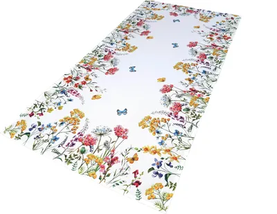 Image de Chemin de table, rectangulaire, blanc avec des fleurs colorées, 60 x 120 cm, serviette décorative