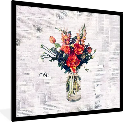 Produktbild von MuchoWow® MuchoWow® Gerahmtes Poster Vase - Blumen - Zeitungspapier 40x40 cm - Poster mit zchwarzem Bilderrahmen - Mit Rahmen - Wanddekoration Schlafzimmer