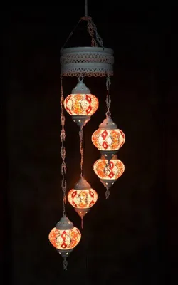Produktbild von Hanglamp mit 5 bunten Mosaik-Glaskugeln in Rosa, orientalische marokkanische Deckenleuchte, 120 cm lang