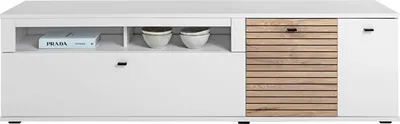 Produktbild von Lowboard - 195 x 43 cm - Weiß matt Nachbildung - Nox Eiche Nachbildung - 2 Türen - 1 Schublade