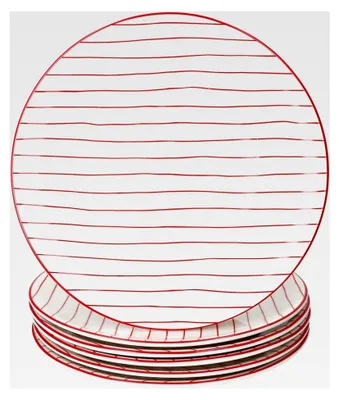 Produktbild von 6-teiliges Set Speiseteller mit roten Streifen I Ø 25,2 cm I Steingut I große Teller für Hauptmahlzeiten, Grillen, Frühstück, Mittag- und Abendessen