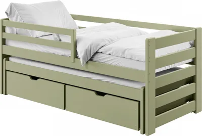 Produktbild von Einzelbett 90x200 cm mit Rausziehbett 90x190 cm mit zwei Schubladen, Rausfallschutz und Lattenrosten, Vollholz massiv in Olivgrün, Kinderbett Funktionsbett | von 4. bis 18. Lebensjahr
