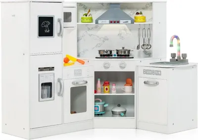 Immagine prodotto di Cucina per bambini ad angolo in legno con luci, suoni, lavagna e accessori, cucina per bambini, cucina giocattolo, cucina in legno bianca